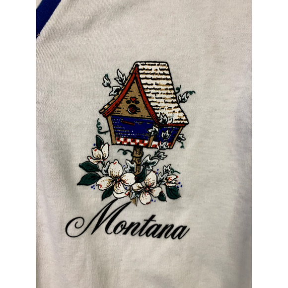 90s Vintage Le Riche M Montana Birdhouse Graphic Quarter Sleeve Shirt - Picture 2 of 9